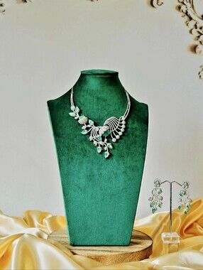 Crystal Necklace and Earrings Set, Silver-Tone Aqua Leaf Design.